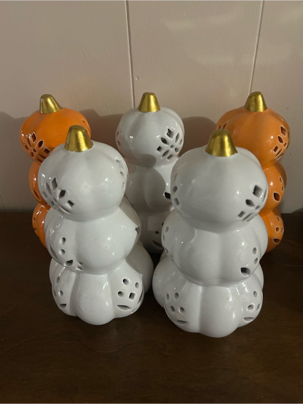 Ceramic Pumpkin Stack Lanterns - White and Orange with Gold Tops 5 pieces